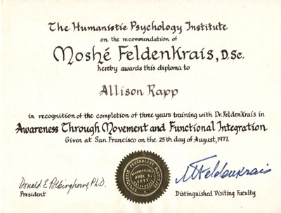 Allison Rapp Moshe Feldenkrais diploma